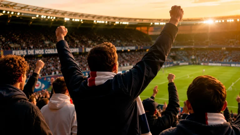Supporters de Ligue 1 dans les tribunes d'un stade français pendant un match de football professionnel