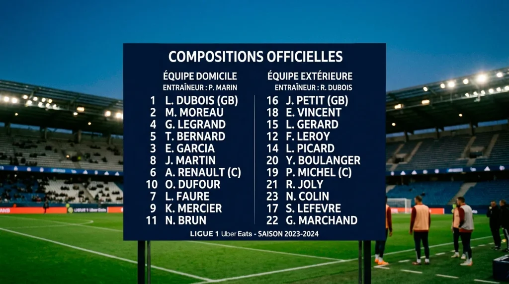 Tableau d'affichage d'un stade de Ligue 1 montrant les compositions officielles avant le coup d'envoi