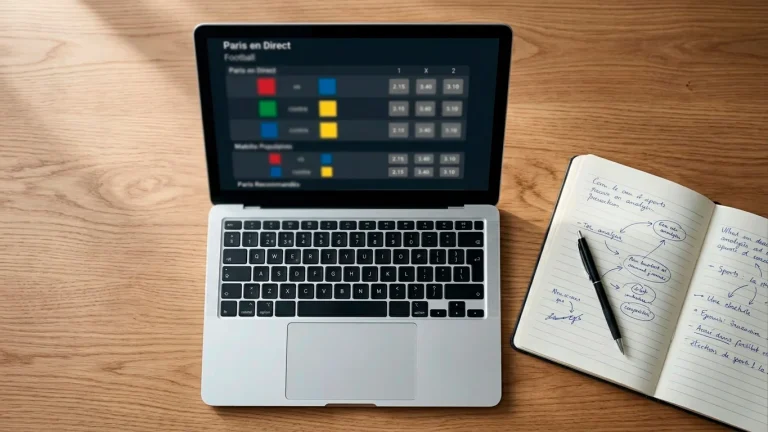 Écran d'ordinateur portable affichant un site de paris sportifs avec les cotes d'un match de Ligue 1 et un cahier de notes ouvert à côté