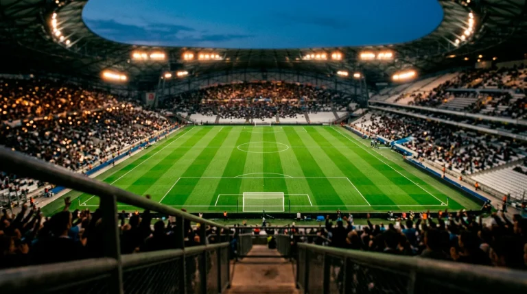 Stade de football français au coup d'envoi d'un match de Ligue 1 vu depuis les tribunes au crépuscule
