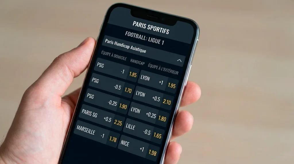 Tableau de cotes affichant les différents handicaps asiatiques pour un match de Ligue 1