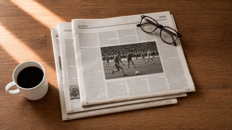 Pile de journaux français sur une table en bois avec en page une rubrique consacrée au football et aux paris sportifs