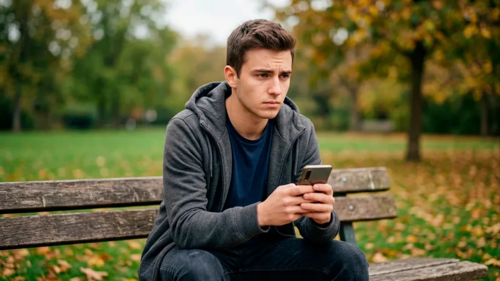 Jeune homme pensif tenant un téléphone, scène évoquant la prudence face aux paris en ligne
