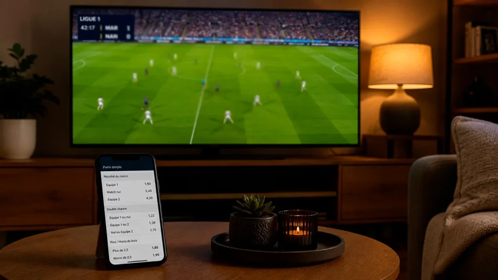 Écran de télévision affichant le logo Ligue 1+ en plein match avec interface de paris sportifs en arrière-plan