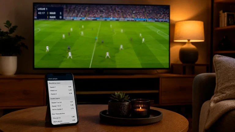 Écran de télévision affichant le logo Ligue 1+ en plein match avec interface de paris sportifs en arrière-plan