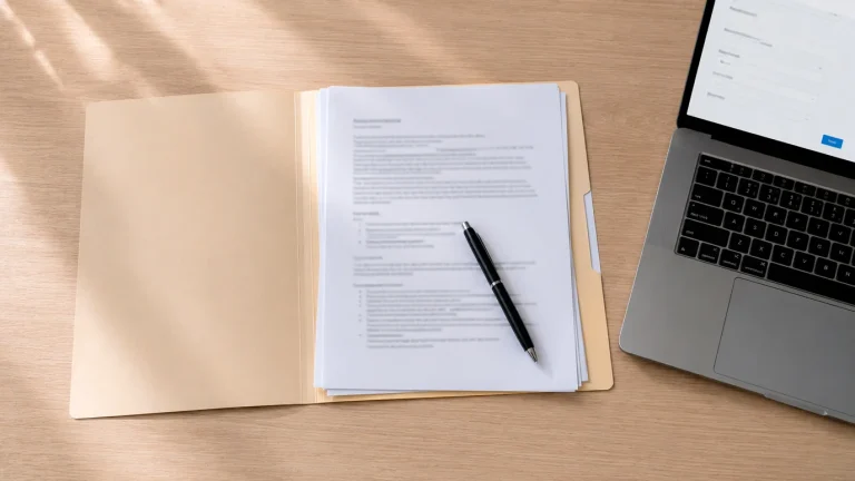 Bureau en bois clair avec un dossier ouvert contenant des documents administratifs, un stylo et un ordinateur portable affichant un formulaire en ligne