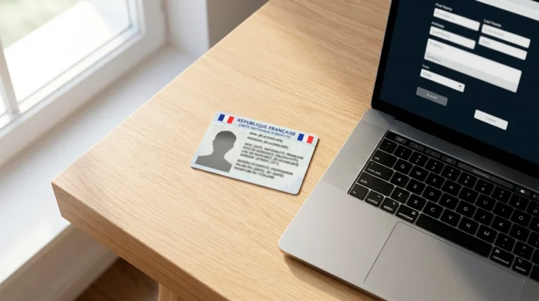 Carte nationale d'identité française posée sur un bureau à côté d'un ordinateur portable affichant un formulaire d'inscription