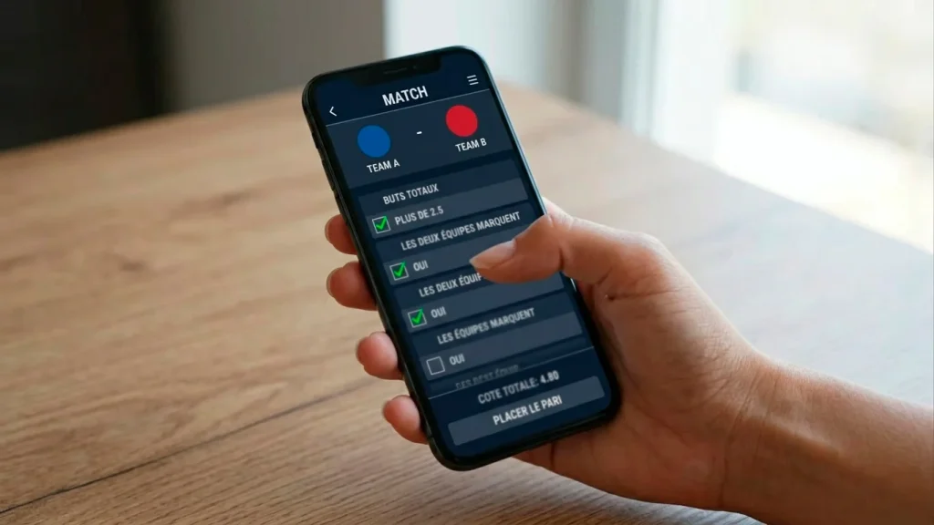 Smartphone tenu en main affichant l'écran d'une application de paris sportifs avec plusieurs sélections cochées sur un match de football