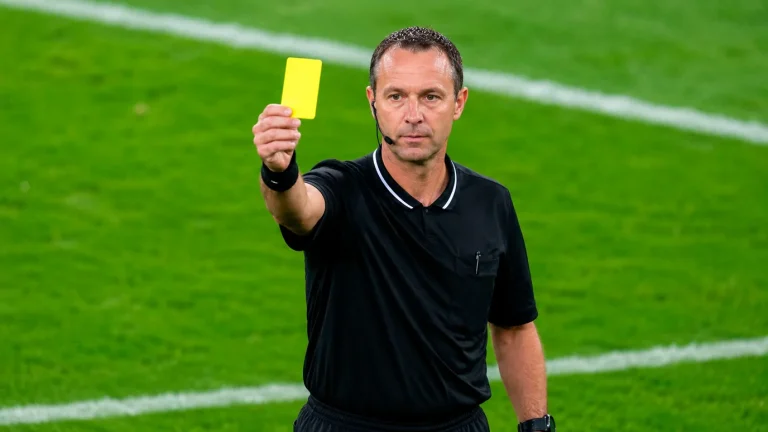Arbitre de football professionnel en tenue noire brandissant un carton jaune sur la pelouse verte d'un stade de Ligue 1