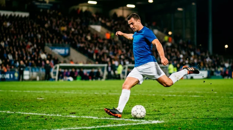 Footballeur professionnel de Ligue 1 frappant le ballon en pleine action lors d'un match nocturne au stade
