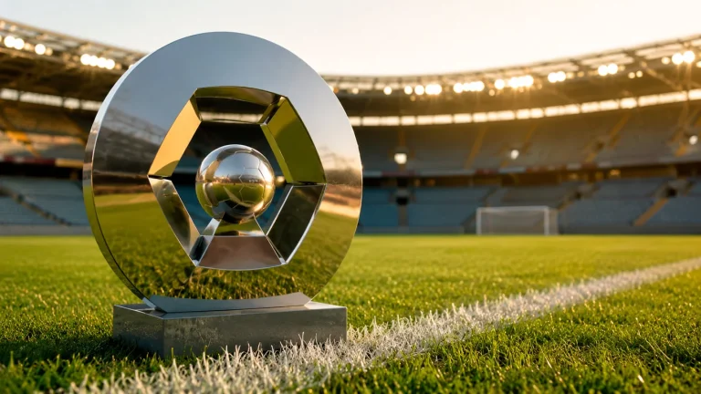 Trophée Hexagoal de la Ligue 1 McDonald's posé sur la pelouse d'un stade de football professionnel français
