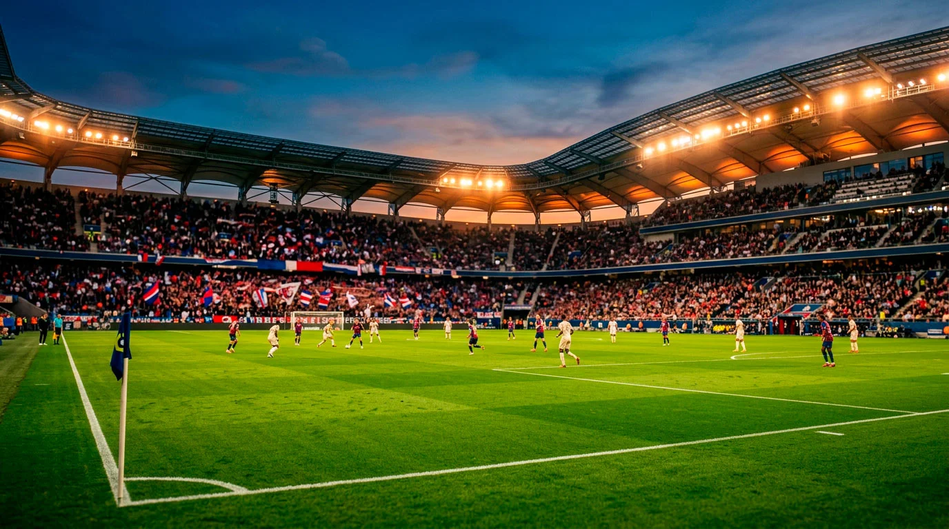 Vue panoramique d'un stade de Ligue 1 illuminé un soir de match