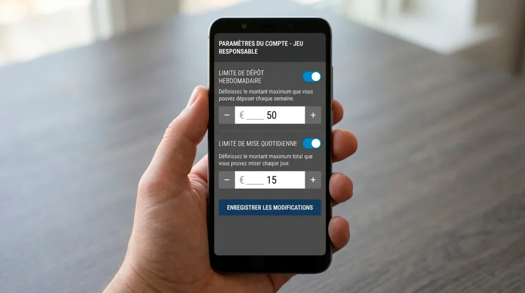 Interface mobile d'un compte de paris sportifs avec les paramètres de plafonds de dépôt et de mise