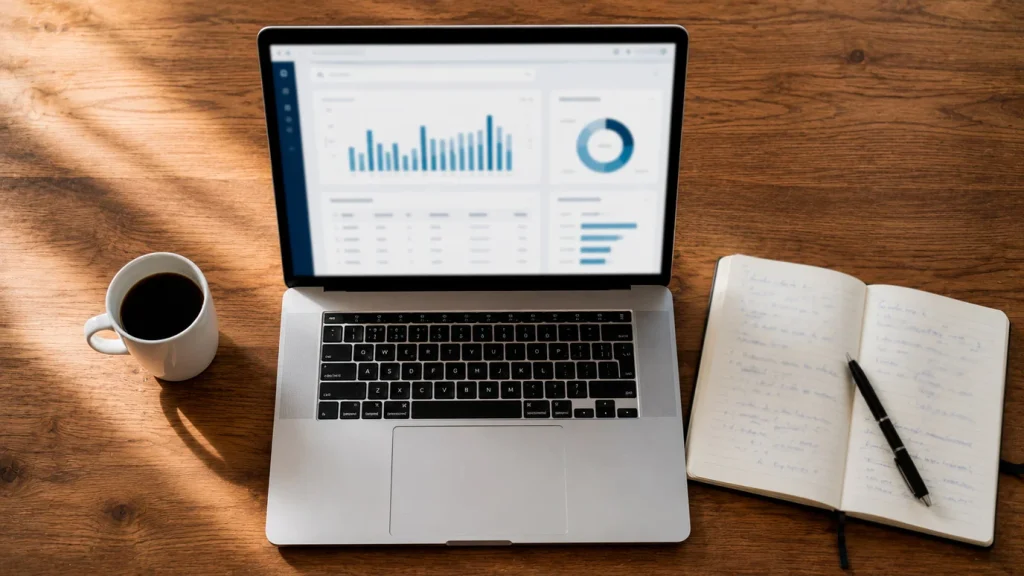 Bureau de travail avec ordinateur portable ouvert affichant une page d'analyse statistique de football, à côté d'un cahier de notes manuscrites