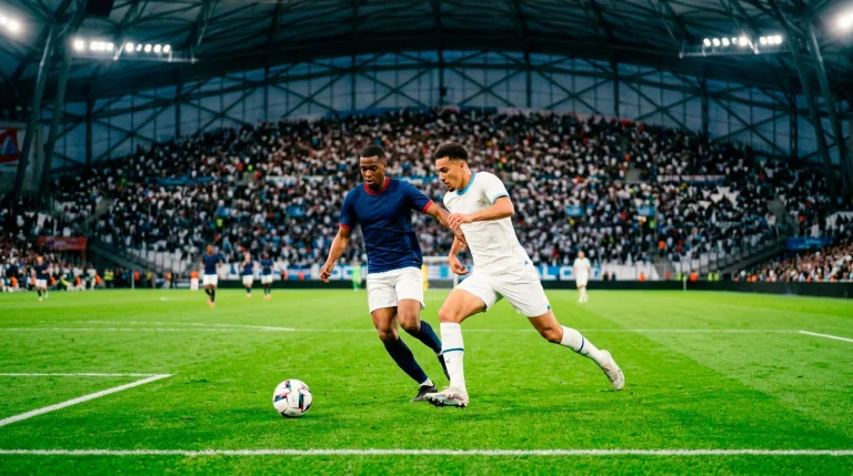 Match de football professionnel au Stade Vélodrome de Marseille : pelouse verte, ballon de Ligue 1 au sol, joueurs en maillots de l'OM et du PSG en duel