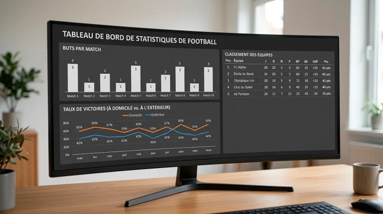Tableau de bord statistique affichant les données clés d'une saison de Ligue 1 avec graphiques et fiches d'équipes